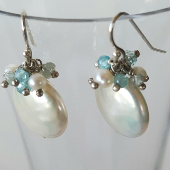 Coin Pearls Small Round Turquoise Beads Dangle Romantic Earrings Hand Made - Picture 6 of 9